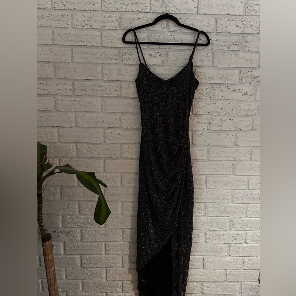 Eclipse black sparkly ruched leg slit dress